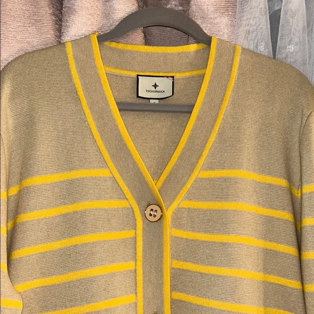 Tuckernuck Size S Yellow and Tan Striped Cardigan V-Neck Sweater - Picture 2 of 15